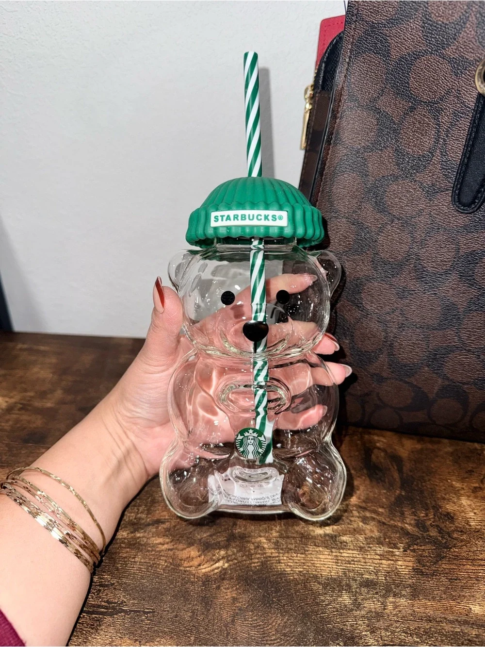 Clear Bear Tumbler with Green Beanie Lid and Striped Straw